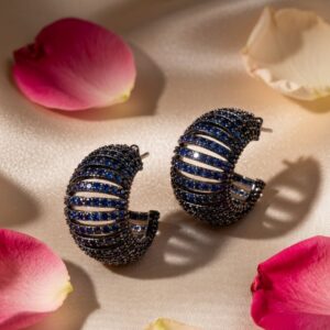 Dark Metallic Monochromatic Ribbed Sapphire Blue Hoops-Black Rhodium Finish