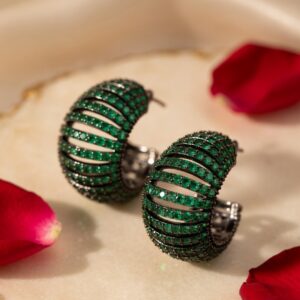 Dark Metallic Monochromatic Green Ribbed Hoops-Black Rhodium Finish