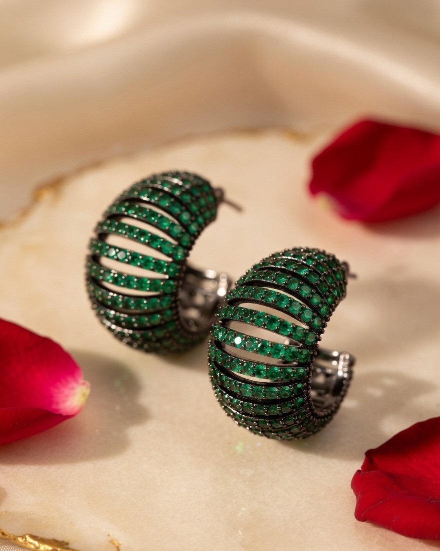 Dark Metallic Monochromatic Green Ribbed Hoops-Black Rhodium Finish