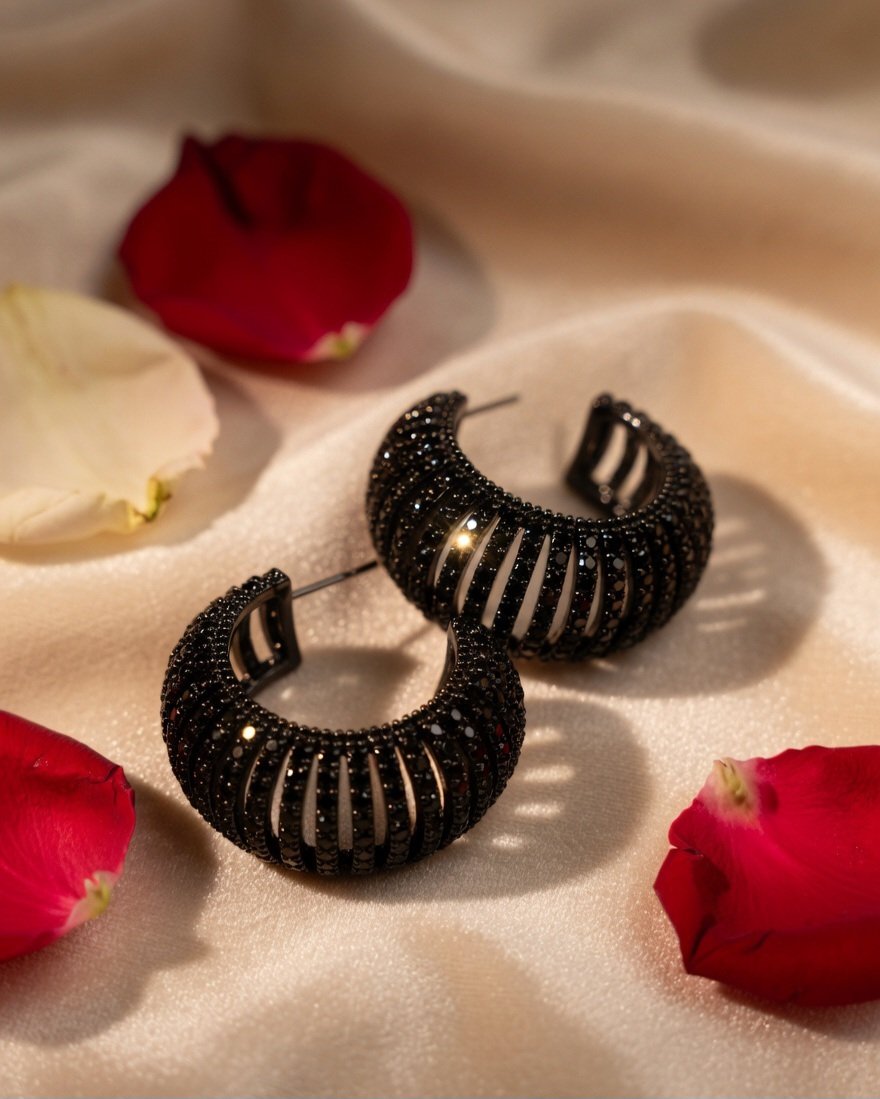 Luxury Gun Metal Pavè Ribbed Black C-Hoops -Black Rhodium Finish - Image 2