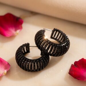 Luxury Gun Metal Pavè Ribbed Black C-Hoops -Black Rhodium Finish