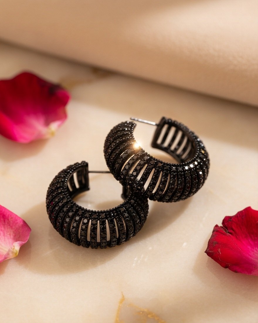 Luxury Gun Metal Pavè Ribbed Black C-Hoops -Black Rhodium Finish