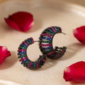 Dark Metallic Multi-Gemstone Ribbed C-Hoop-Black Rhodium Finish