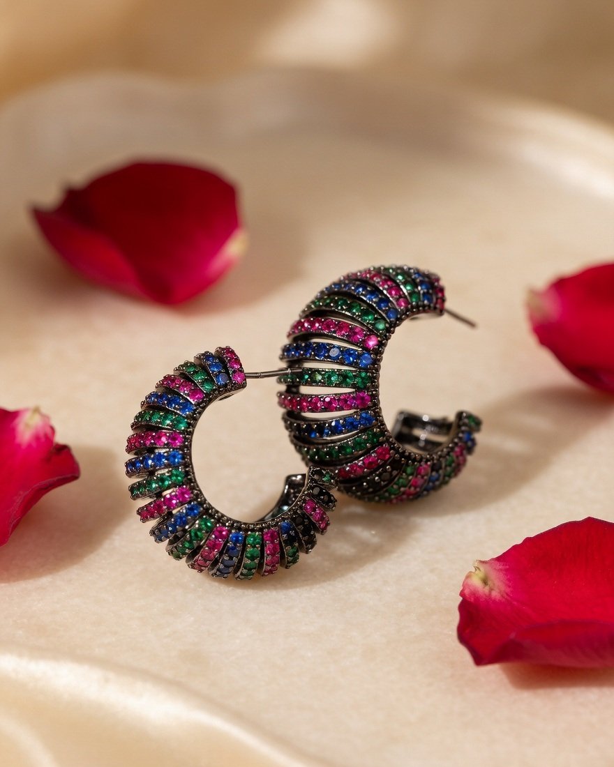 Dark Metallic Multi-Gemstone Ribbed C-Hoop-Black Rhodium Finish