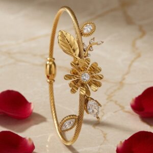 Solara Twisted Gold Cable Floral Bracelet-Gold Finish