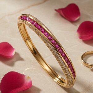 Gold Ruby &Diamond Pavè Bangle Bracelet-Gold Finish