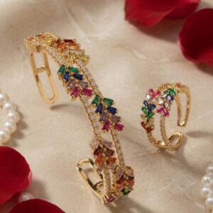 Mosaic Flare Rainbow Cuff Bracelet &Ring Set-Gold Finish