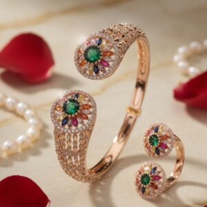 Emerald &Rainbow Sapphire Filigree Bracelet And Ring-Rose Gold Finish