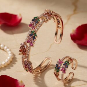 Mosaic Flare Rainbow Cuff Bracelet &Ring-Rose Gold Finish