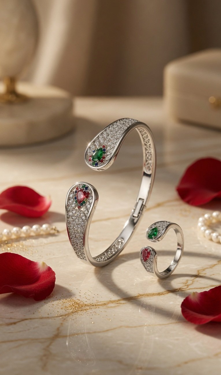 White Gold Multi-Gemstone Open Cuff &Ring-Platinum Finish - Image 2
