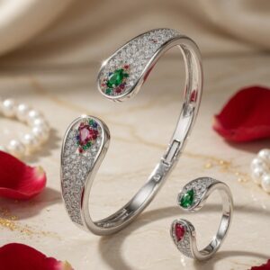 White Gold Multi-Gemstone Open Cuff &Ring-Platinum Finish