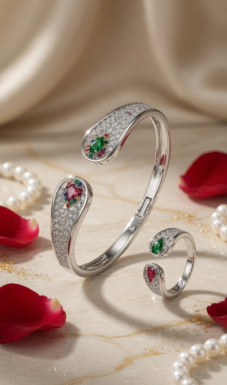 White Gold Multi-Gemstone Open Cuff &Ring-Platinum Finish