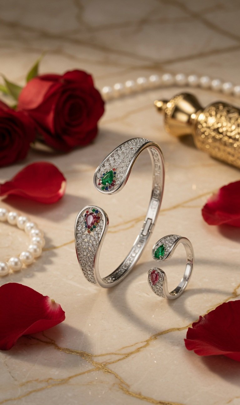 White Gold Multi-Gemstone Open Cuff &Ring-Platinum Finish - Image 3