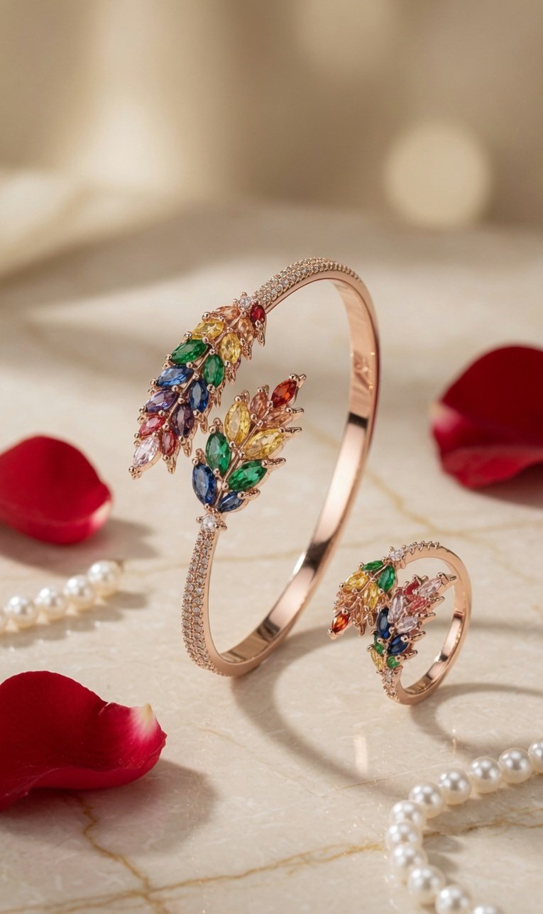 Rose Gold Enchanted Meadow Multicolor Bracelet &Ring Set-Rose Gold Finish