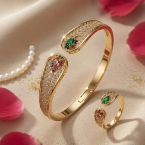 Gold Multi-Gemstone Open Cuff &Ring-Gold Finish