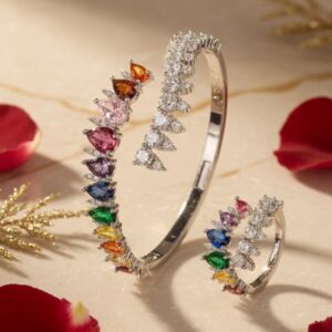 Stellar Spectrum Teardrop Wrap Bracelet &Ring-Platinum Finish