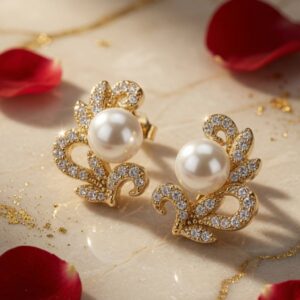 The Odette Royal Pearl &Pavè Swan Studs-Gold Finish