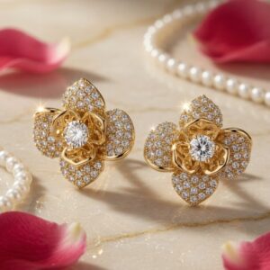 Majestic Layered Rose Solitaire Studs-Gold Finish