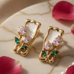 The Flora Enchanted Tulip Studs In Rose &Emerald-Gold Finish