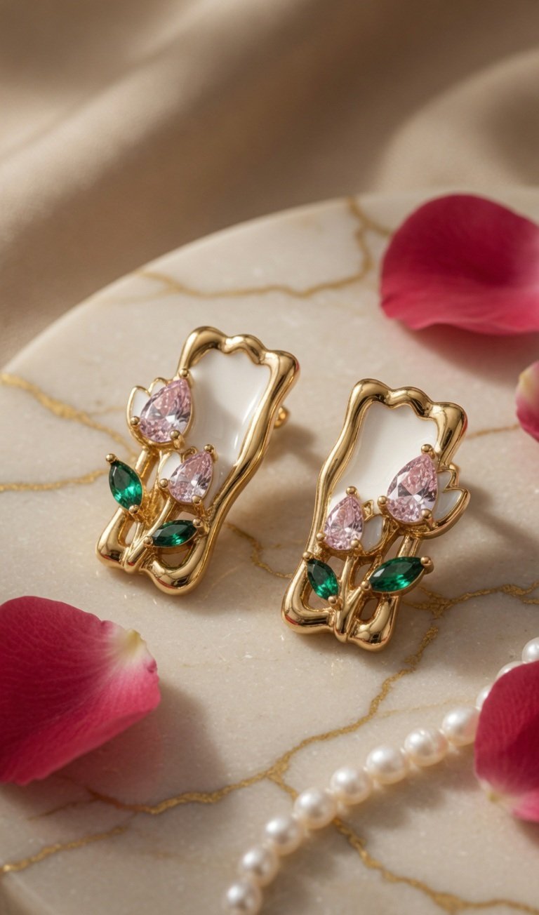The Flora Enchanted Tulip Studs In Rose &Emerald-Gold Finish