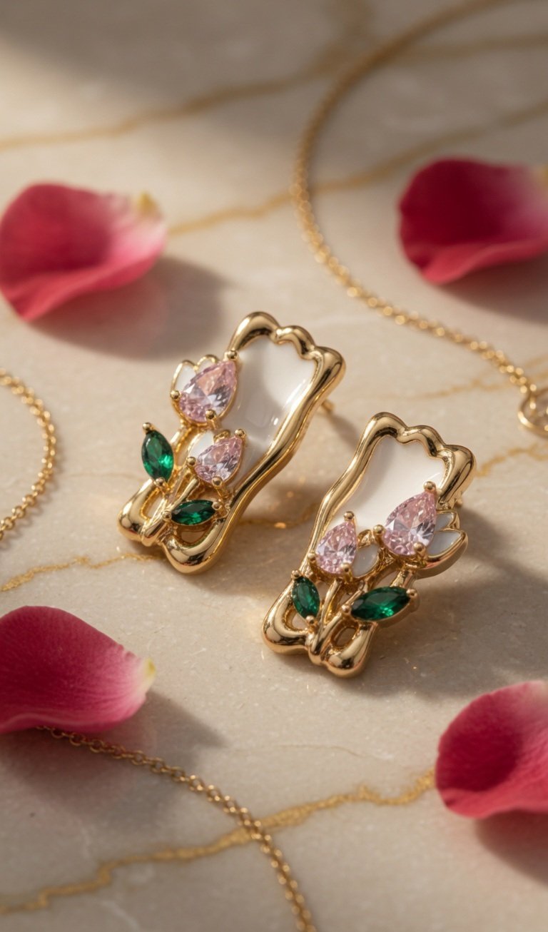 The Flora Enchanted Tulip Studs In Rose &Emerald-Gold Finish - Image 2