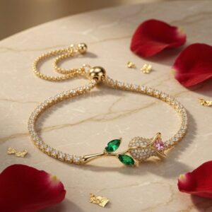 Enchanted Garden Pavè Rose And Emerald Leaf Dori Bracelet-Gold Finish