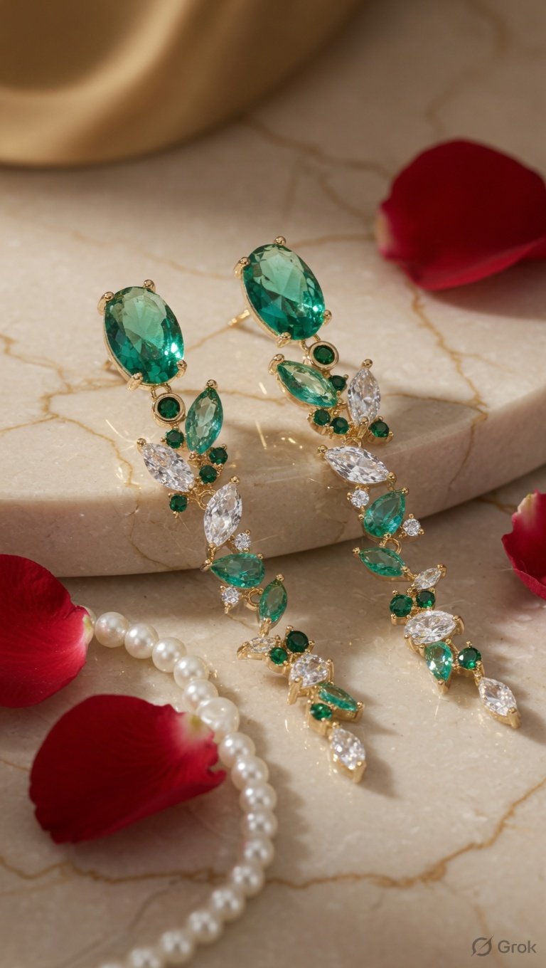 The Zaria Cascading Emerald And Mint Tourmaline Vine Drops Earrings-Gold Finish