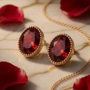 Imperial Beaded Oval Ruby Studs-Gold Finish