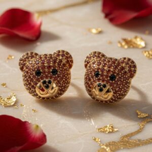 The Theodore Pavè Champagne Diamond Bear Studs-Gold Finish