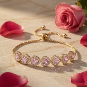 Rosè Romance Halo-Set Pink Heart Dori Bracelet-Gold Finish
