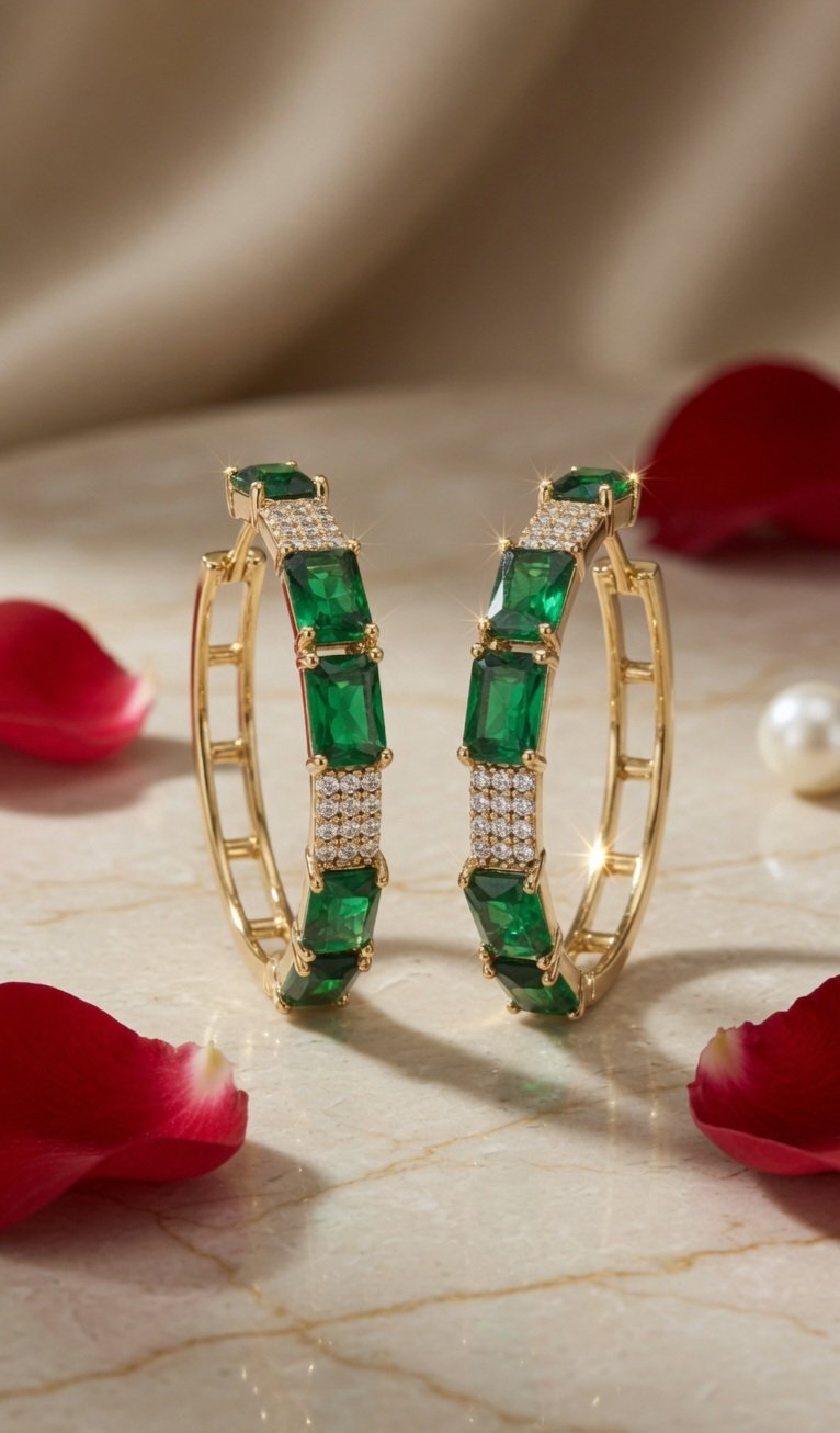 The Emerald Regent Baguette Hoops-Gold Finish - Image 2