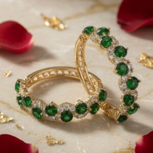 The Verdant Ivy Scalloped Green Hoops-Gold Finish