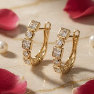 Heritage Bezel-Set Square And Round Gold Hoops-Gold Finish