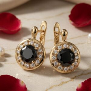 Black Gemstone Halo Drop Earrings-Gold Finish