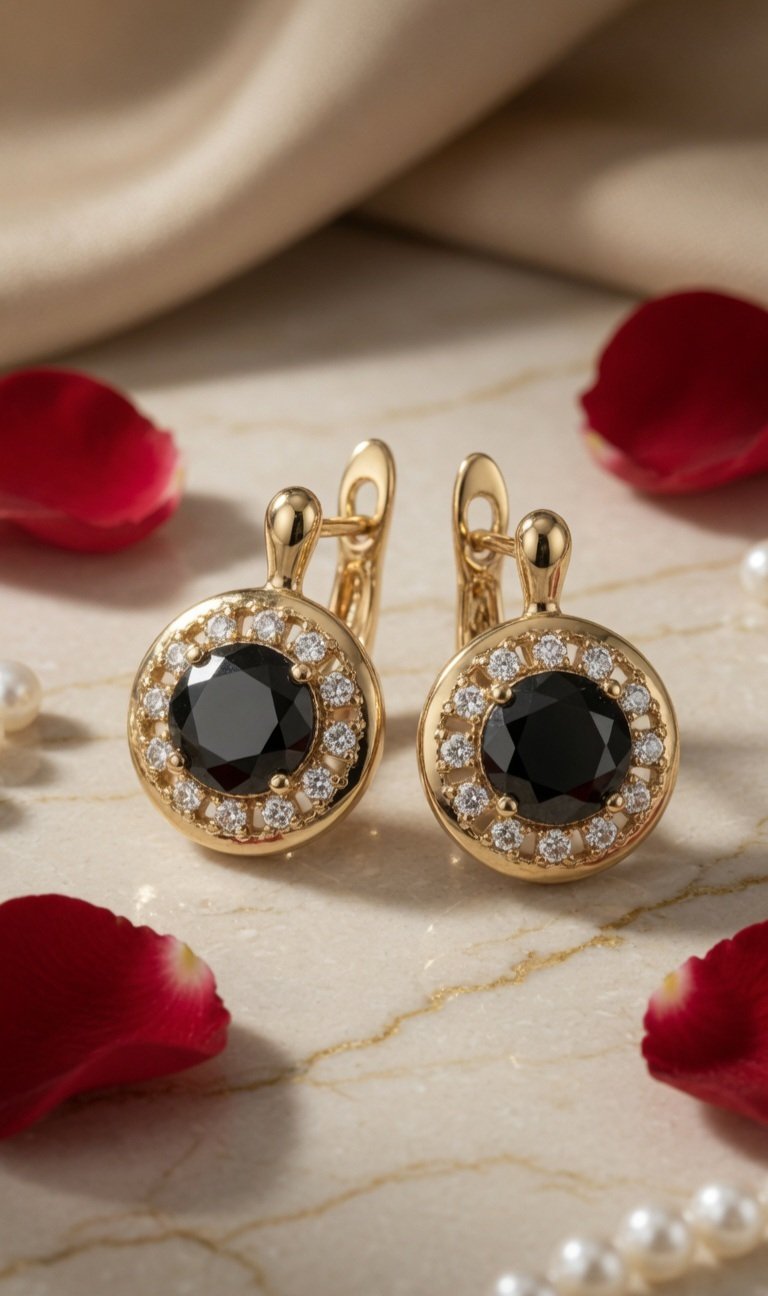 Black Gemstone Halo Drop Earrings-Gold Finish