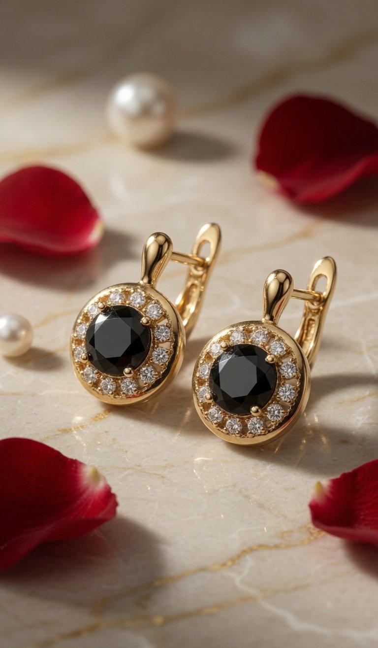 Black Gemstone Halo Drop Earrings-Gold Finish - Image 2