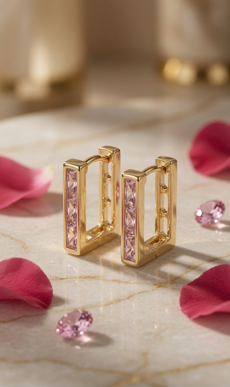 The Rosè Blush Rectangular Huggie Hoop-Gold Finish - Image 2
