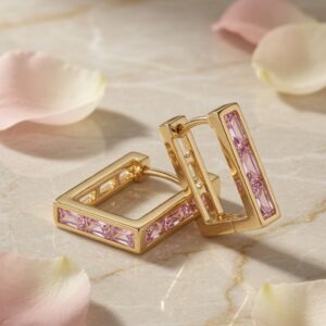The Rosè Blush Rectangular Huggie Hoop-Gold Finish
