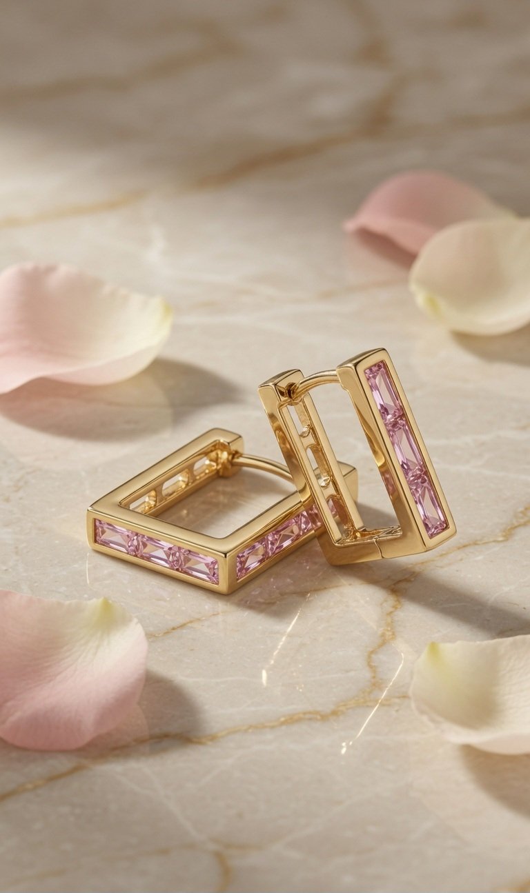 The Rosè Blush Rectangular Huggie Hoop-Gold Finish