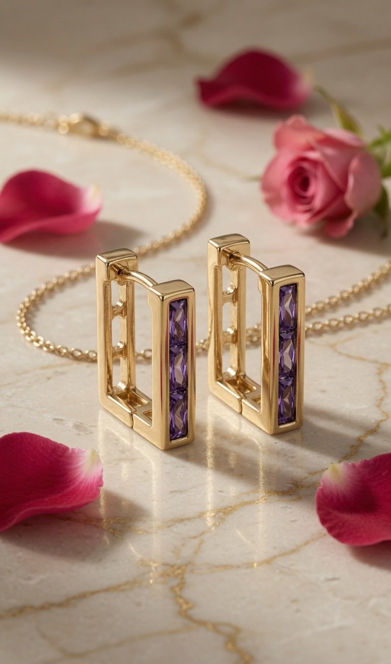 The Royal Amethyst Rectangular Huggie Hoops-Gold Finish - Image 2