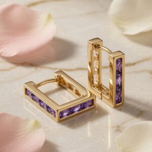 The Royal Amethyst Rectangular Huggie Hoops-Gold Finish