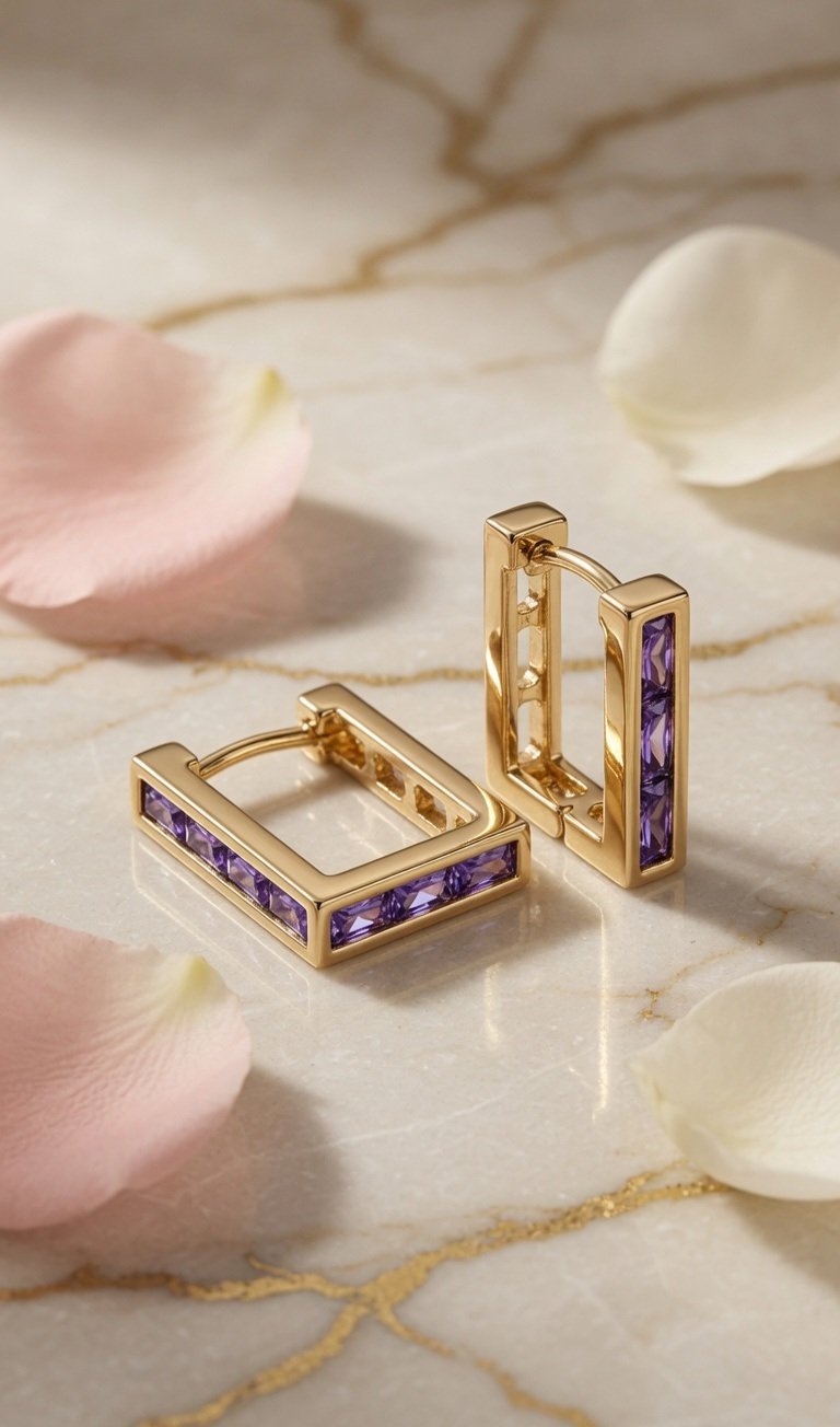 The Royal Amethyst Rectangular Huggie Hoops-Gold Finish