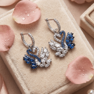 Imperial Sapphire And Diamond-Style Swan Earrings-Platinum Finish