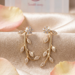 Gardenia Whisper Diamond-Style Leaf Ear Climbers-Gold Finish