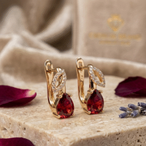Crimson Petal Pear-Cut Garnet And Ruby Drop Hoops-Gold Finish
