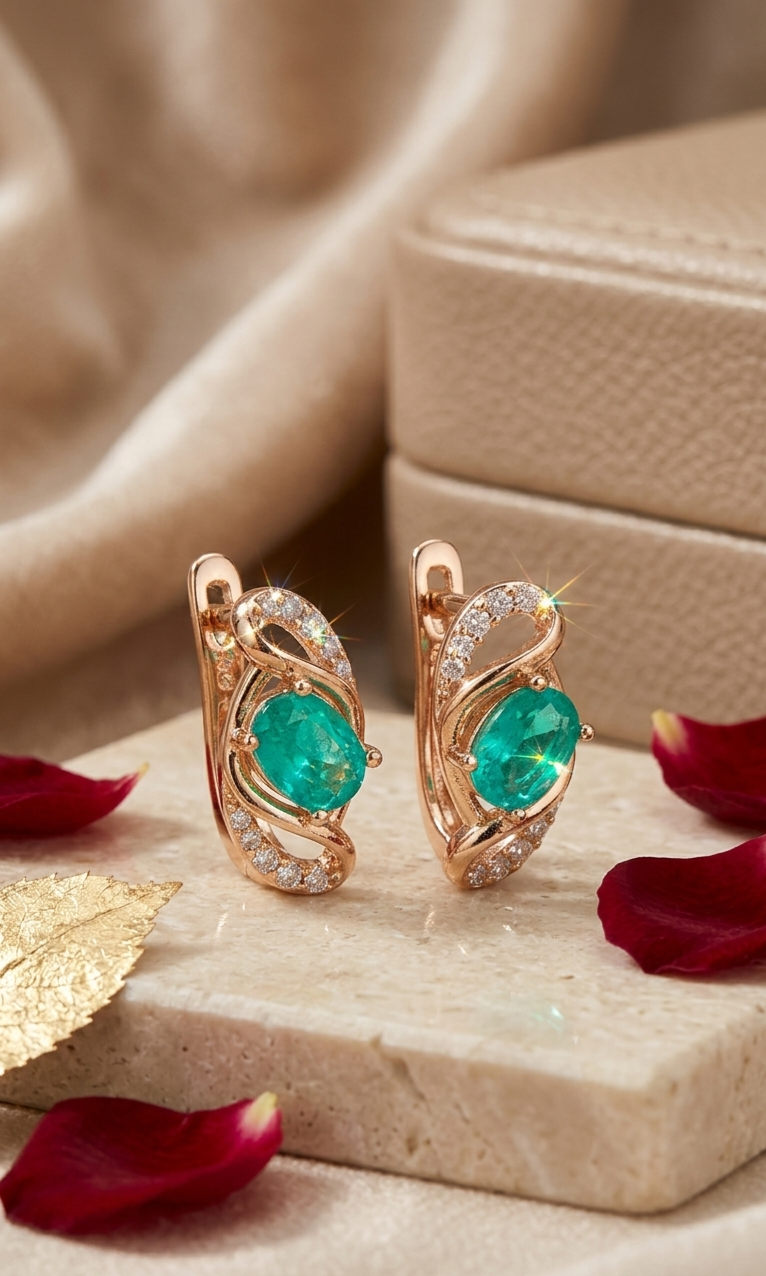 Aurora Pavè-Set Green Oval Hoops-Gold Finish