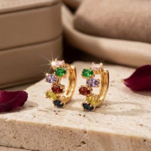 The Iris Multi-Stone Vibrant Cluster Huggies Hoops-Gold Finish