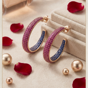 Aura Pink And Sapphire Dual-Tone Hoops-Rose Gold Finish