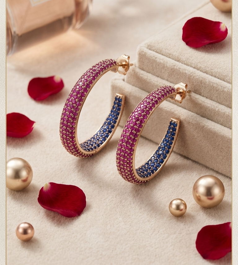 Aura Pink And Sapphire Dual-Tone Hoops-Rose Gold Finish