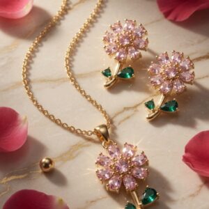 The Rose-Quartz Pink Sunflower Pendant Set-Gold Finish